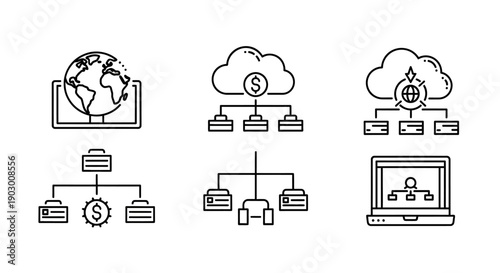 Global Network Connection, Cloud Computing, Business Hierarchy, and Online Business Icons