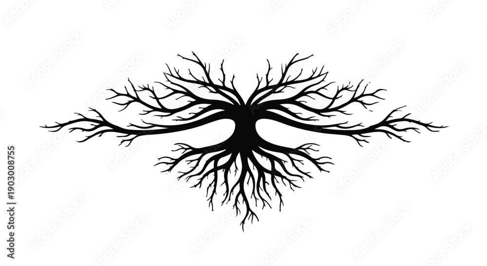 Obraz premium Intricate black tree silhouette with spreading branches and roots on a white background