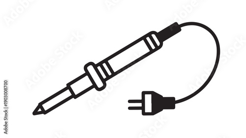 Electric Soldering Iron with Plug in Simple Line Art Style on White Background for Electronics Repair