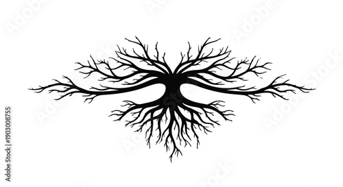 Intricate black tree silhouette with spreading branches and roots on a white background