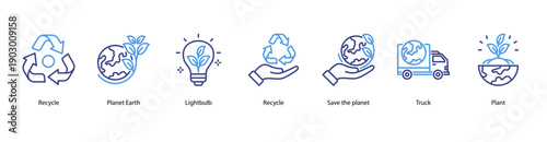 Environmental Responsibility web banner illustration featuring Recycle, Planet Earth, Lightbulb, Recycle, Save the planet, Truck, and Plant.
