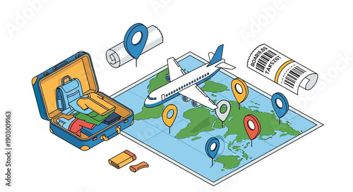 Isometric travel planning with airplane, map, and open suitcase.
