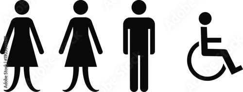 Restroom sign icon set featuring male, female, and disabled wheelchair accessibility symbols for public bathroom navigation, wayfinding signage, and inclusive facility information graphics