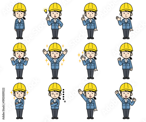 ヘルメットをかぶった現場監督の女性イラストセット