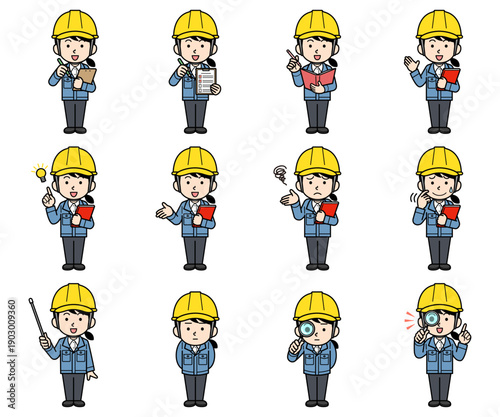 ヘルメットをかぶった現場監督の女性イラストセット