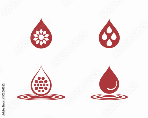 Four maroon stylized water droplet with unique internal patterns and