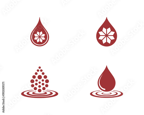 Four maroon stylized water droplet with snowflake and splash variations