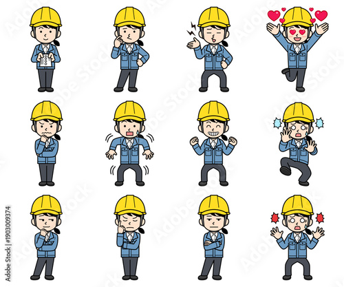ヘルメットをかぶった現場監督の女性イラストセット