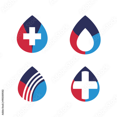 Four teardrop shaped with red blue and white color schemes and crosses lines
