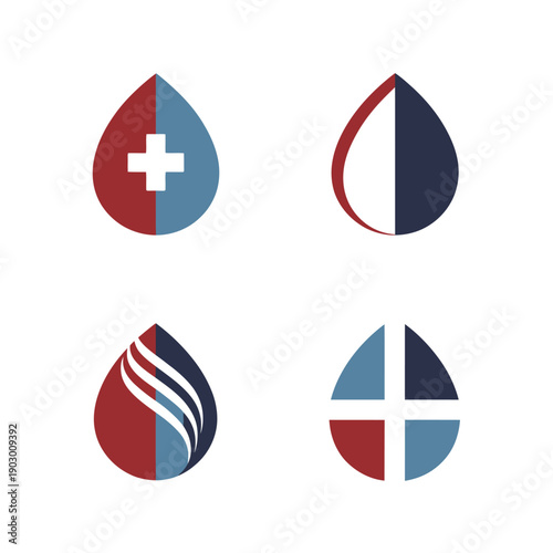 Four teardrop shaped with red blue and white color schemes in a grid layout