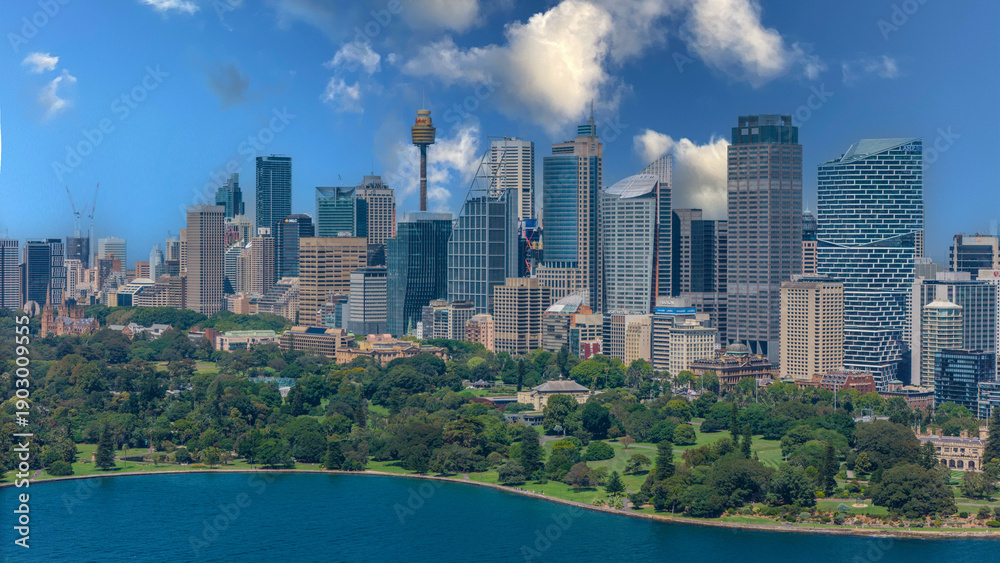 Fototapeta premium 5 February 2026 Aerial View of Sydney Harbour Circular Quay cruise Liner on a nice Summer day beautiful Sky in Sydney NSW Australia