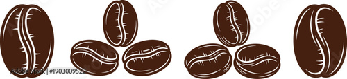 Roasted coffee bean collection featuring organic arabica seeds in various groups and single arrangements for cafe branding, espresso labels, and breakfast drink illustrations