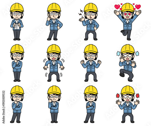 ヘルメットをかぶった現場監督の中年女性イラストセット