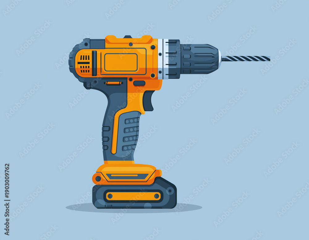Fototapeta premium Illustration of a cordless drill on a blue background viewed from the side