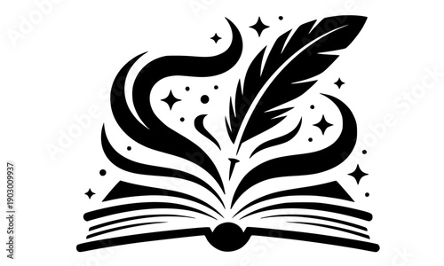 Open book with decorative feathers and elegant swirls in black silhouette perfect for library literature education creative writing storytelling imagination and knowledge design illustration