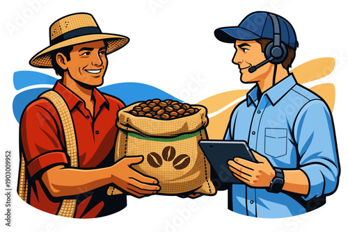 Farmer delivering coffee beans to customer service representative