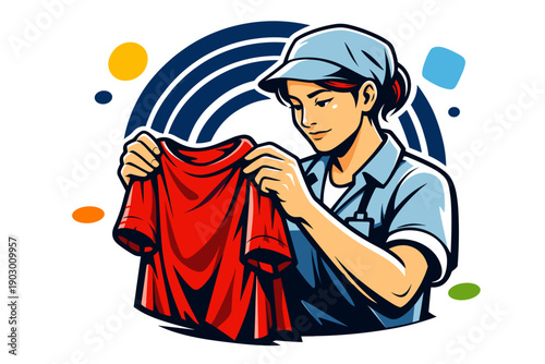 Young woman folding vibrant red shirt with care