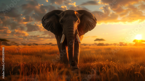 Elephant Walking Through Savanna Grassland at Golden Hour Sunset.