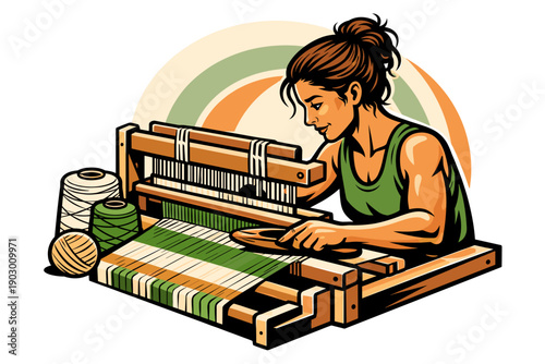 Woman skillfully weaving on a traditional loom with colorful yarns