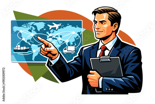 Businessman presenting global logistics strategy with world map on screen