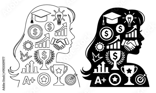 Human head with business data analytics icons and gears in outline and silhouette versions perfect for artificial intelligence machine learning technology innovation and digital transformation design