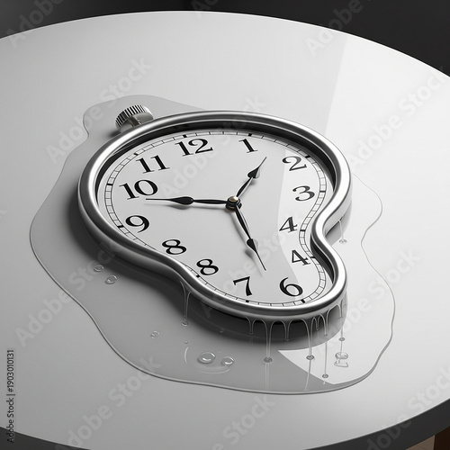 Clock melting into water on a white table