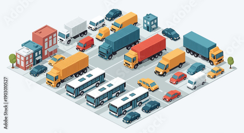 Isometric view of diverse transportation vehicles including trucks, buses, and cars on a stylized road network.