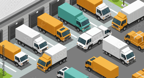 Isometric view of numerous delivery trucks parked at a logistics warehouse.