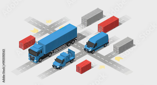 Isometric view of various delivery vehicles and cargo containers on roads.