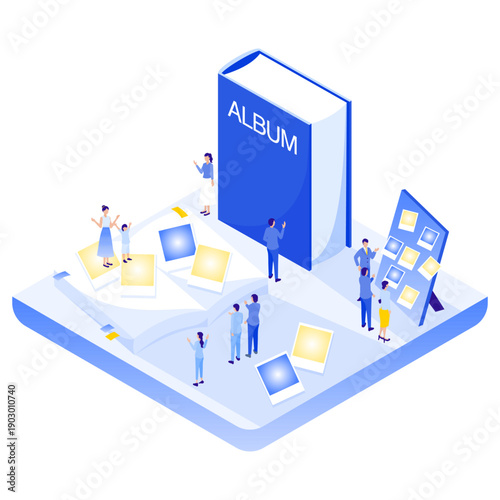 巨大なアルバムと写真整理をする人々のアイソメトリックイラスト