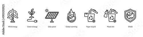Renewable Energy web banner illustration featuring Wind energy, Green energy, Solar panel, Global warming, Paper recycle, Plastic bin, and Shield.