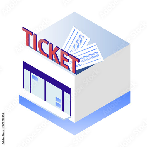 アイソメトリックなチケット売り場のイラスト（映画館・イベント会場）