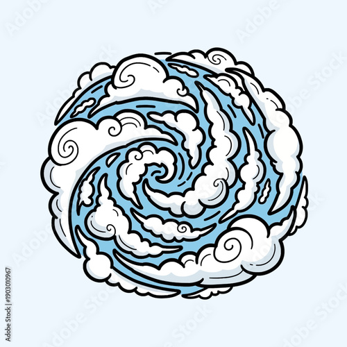 A stylized illustration of a swirling vortex of clouds and water, resembling a hurricane or cyclone.