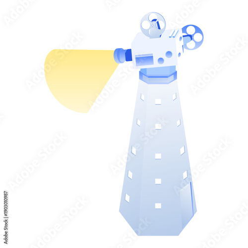 アイソメトリックな巨大映写機と映写塔のイラスト（映画・プロジェクター）