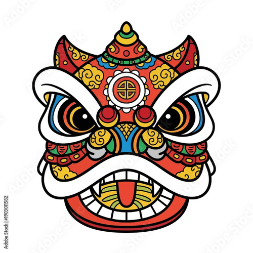 A vibrant and colorful illustration of a traditional Chinese lion dance mask, featuring intricate patterns and bold colors.