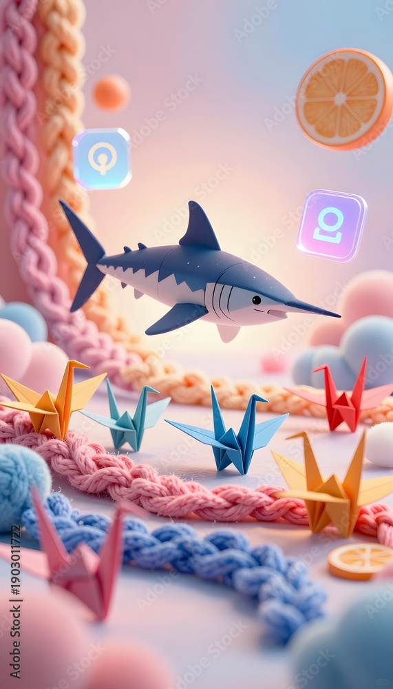 Fototapeta premium Colorful Shark Surrounded by Origami Cranes and Decorative Elements on a Playful Background
