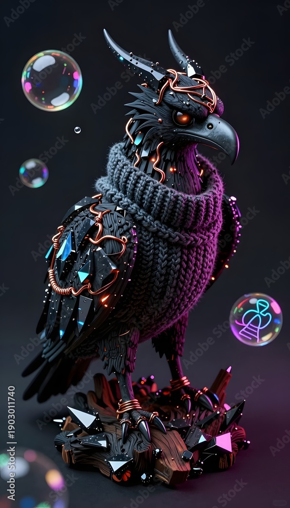 Fototapeta premium Stylized Black Raven Sculpture in Knitted Sweater Surrounded by Bubbles on Dark Background