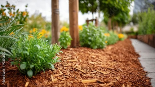 Freshly mulched garden bed with green plants along modern landscaped pathway. concept of sustainable gardening