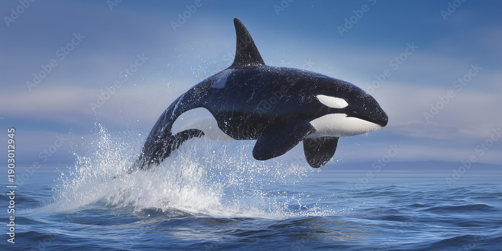 Fototapeta premium Orca whale leaping out of the ocean under clear blue sky 