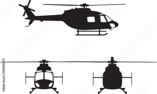 A comprehensive collection of helicopter vector illustrations featuring minimalist continuous line art, detailed technical outlines, and solid black silhouettes
