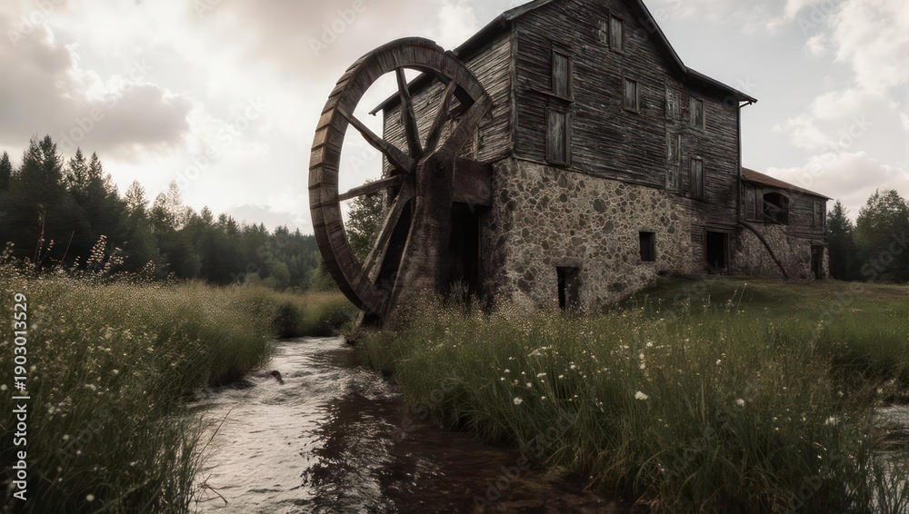Fototapeta premium Old watermill in a rural landscape with a stream.