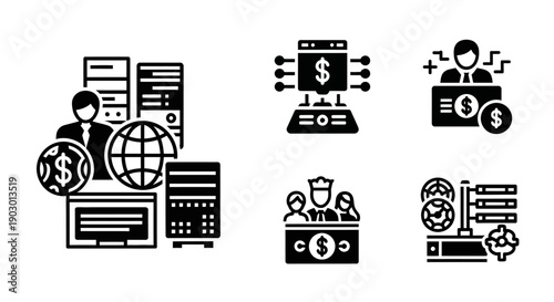 Business Technology Icons: Finance, Data, Global Network, Servers, Management