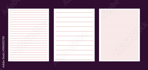 Set of Lined Paper Templates and Notebook Page Layouts with Red Margins