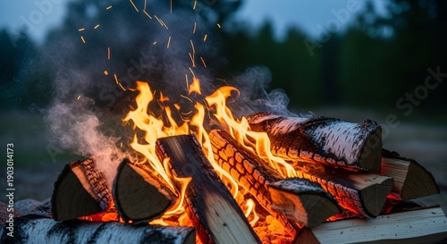 Logs burning in a campfire at dusk in a wooded area with flames rising