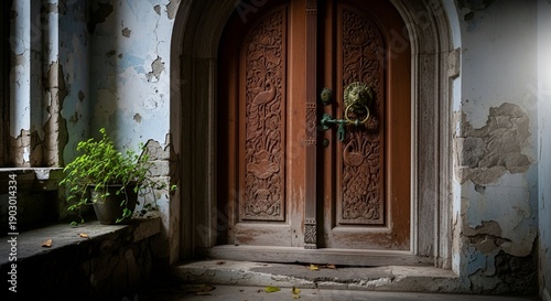 An old wooden door with intricate carvings stands in a worn stone archway surrounded by peeling walls and a potted plant on a weathered ledge