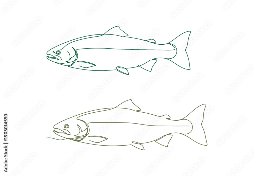 Fototapeta premium Salmon fish illustrated in a single continuous line drawing. Fresh seafood rendered in a linear sketch style on a white surface. Vector illustration.
