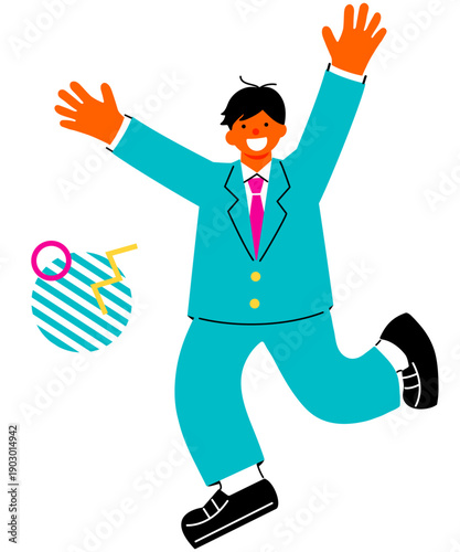 Pop and colorful illustration of a happy jumping schoolboy