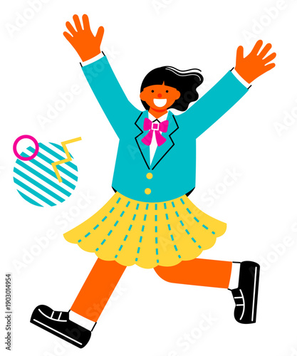 Pop and colorful illustration of a happy jumping schoolgirl