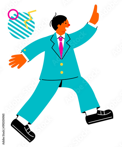 Pop and colorful illustration of a happy jumping schoolboy