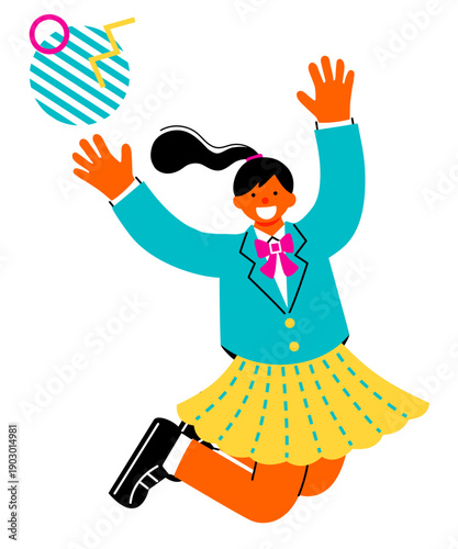 Pop and colorful illustration of a happy jumping schoolgirl